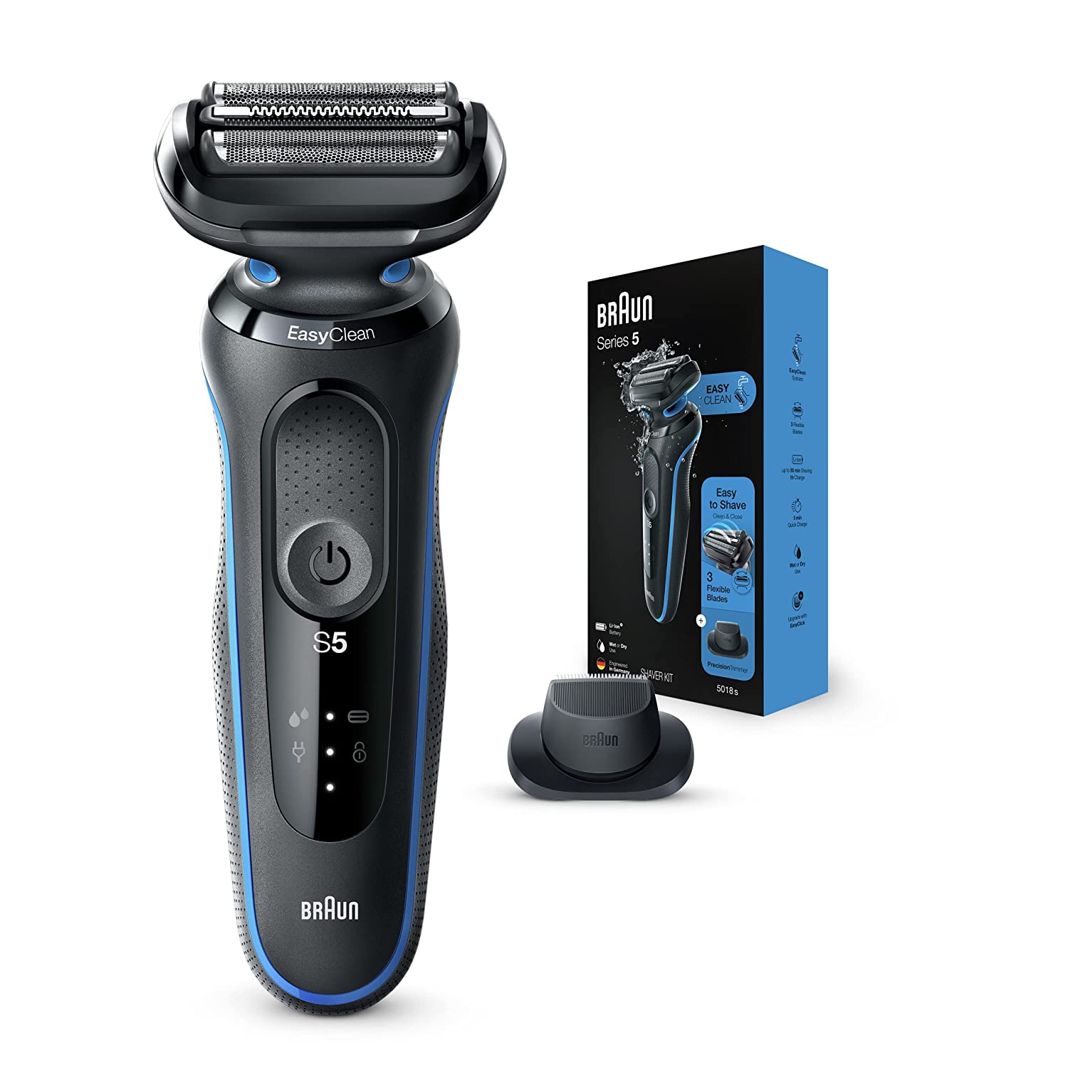 Braun Electric Razor for Men, Series 5 5018s Electric Foil Shaver with Precision Beard Trimmer, Rechargeable, Wet & Dry with EasyClean best electric shaver for folliculitis