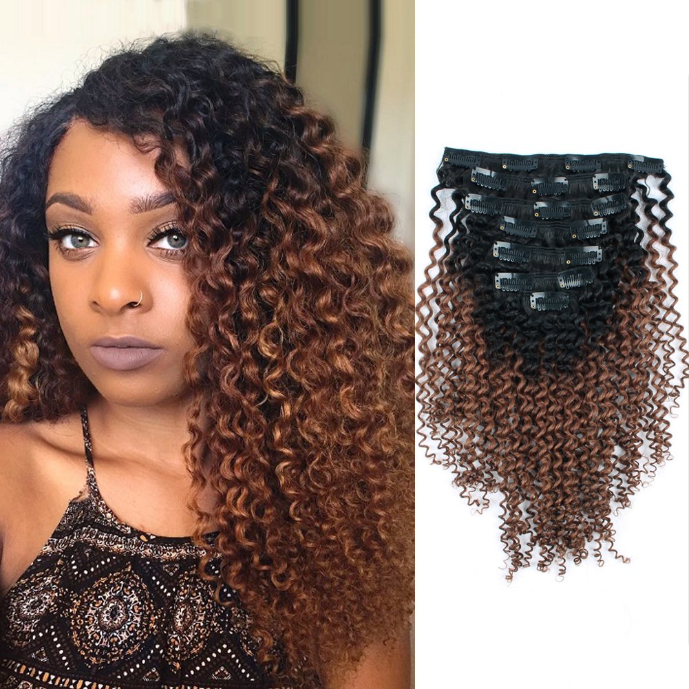 ABH AMAZINGBEAUTY HAIR Ombre Kinkys Curly Clip in Extensions - Double Wefted 3C 4A Remy Human Hair for African American Women, Natural Black Fading into Light Auburn TN30, 120 Grams 7 pieces, 18 Inch