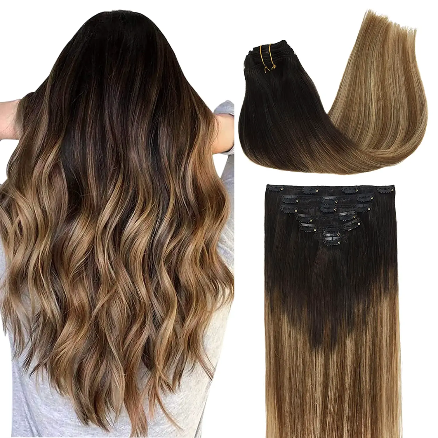 DOORES clip in hair extensions real human hair Balayage Dark Brown Fading to Chestnut Brown and Dirty Blonde 20 Inch 7pcs 120g Real Hair Extensions Straight Extensions Human Hair Natural