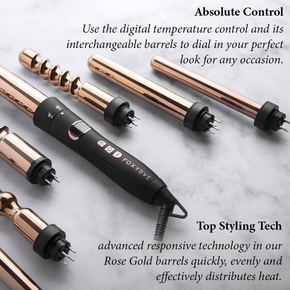 FoxyBae 7-in-1 Curling Iron Set, Le'Se7en Professional Black and Rose Gold Hair Curling Wand - 7 Interchangeable Barrel Ceramic Curlers - Titanium Wands for type 4 hair