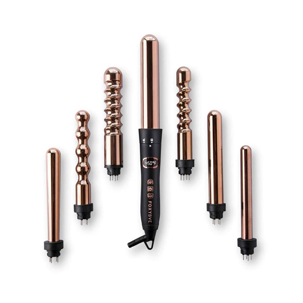 FoxyBae 7-in-1 Curling Iron Set, Le'Se7en Professional Black and Rose Gold Hair Curling Wand - 7 Interchangeable Barrel Ceramic Curlers - Titanium Wands