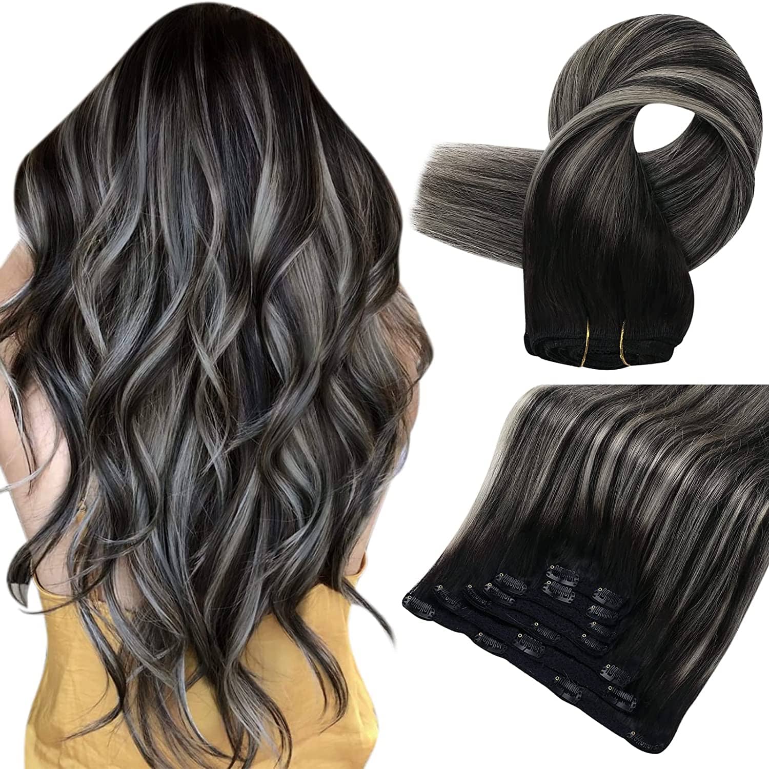 Full Shine Jet Black Clip in Hair Extensions 24 Inch Remy Hair Extensions Clip in Human Hair