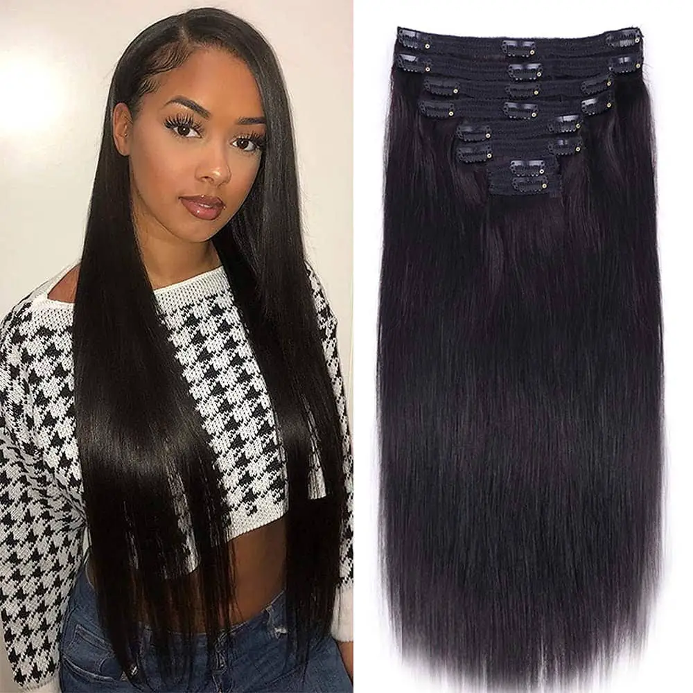 Nvnvdij Straight Clip in Hair Extensions Human Hair 8pcs Per Set with 18Clips Double Weft Clip in Human Hair Extensions Brazilian Virgin Human Hair