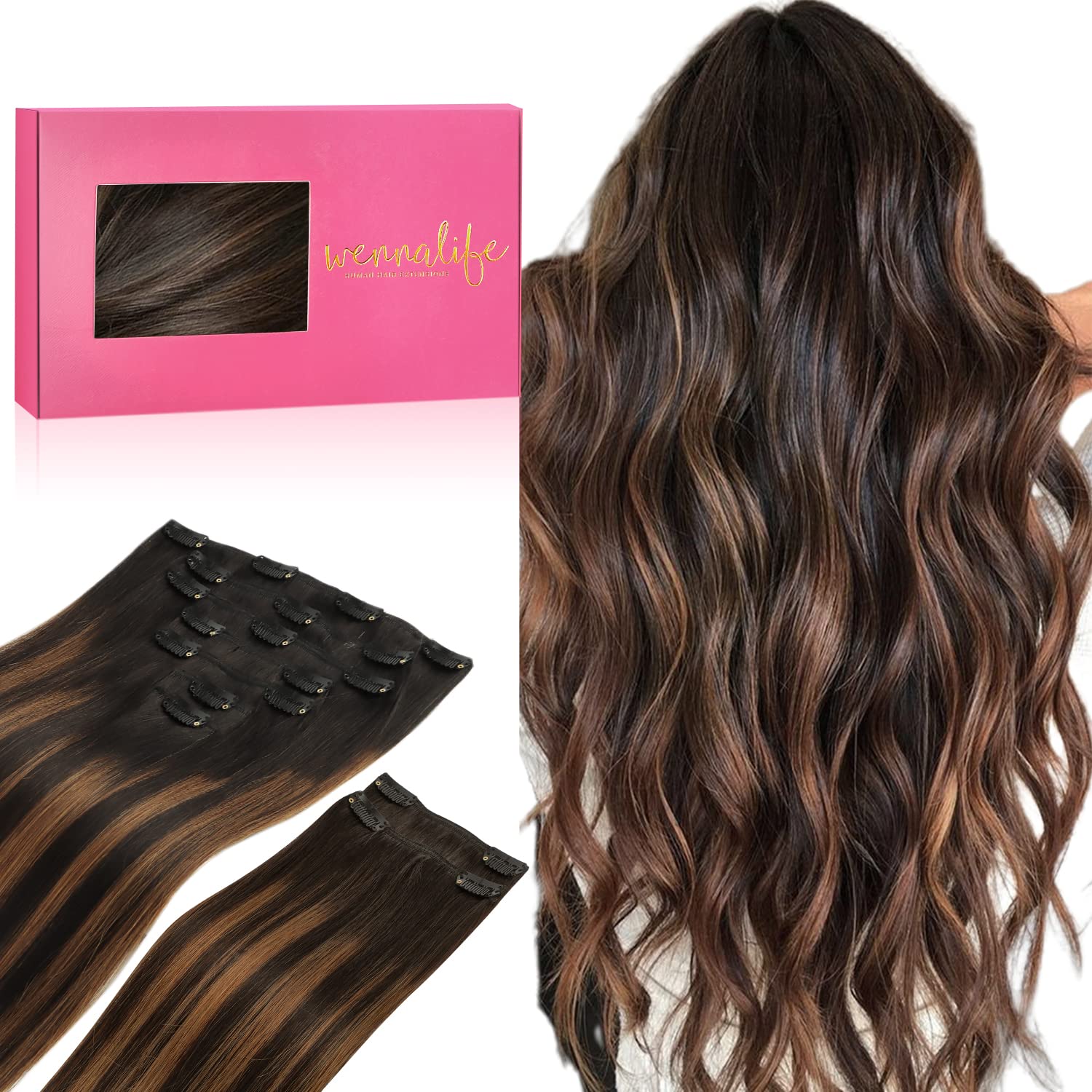 WENNALIFE Clip in Hair Extensions, 150g 24 Inch 9pcs Highlight Dark Brown to Chestnut Brown and Dirty Blonde Human Hair Extensions Thicker Clip in
