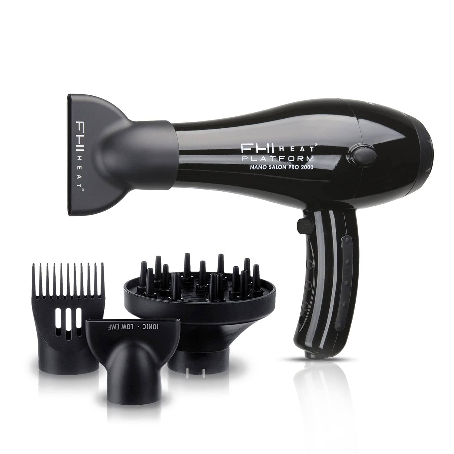 FHI HEAT Platform Nano Power Salon Pro 2000 Tourmaline Ceramic Quick Dry Hair Dryer with 3 Piece Attachment Set Comb, Concentrator, and Diffuser, Black