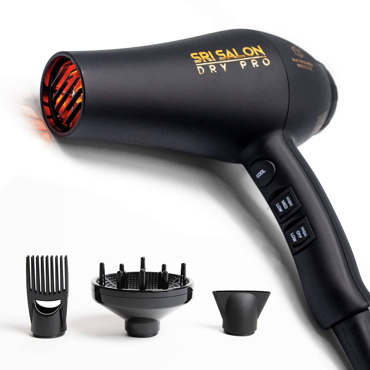 SRI Salon Dry Pro, Infrared Light Blow Dryer with Salon Results, Negative Ions for Reduced Frizz, Fast-Drying & Max Shine, 1875W, Free Attachments